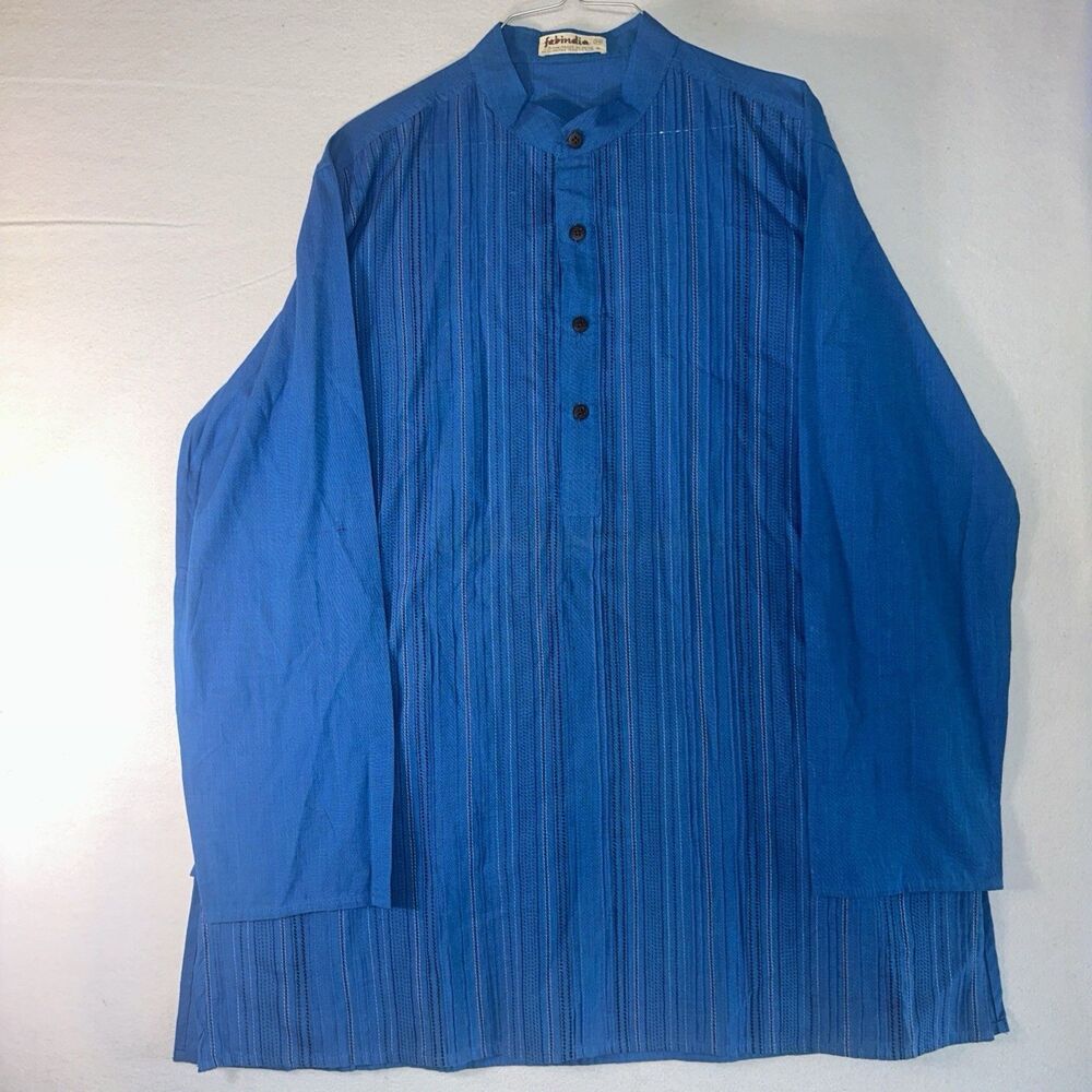 FabIndia Fine 100% Cotton Kurta Men's Handwoven Royal Blue/Navy Embroidered Med